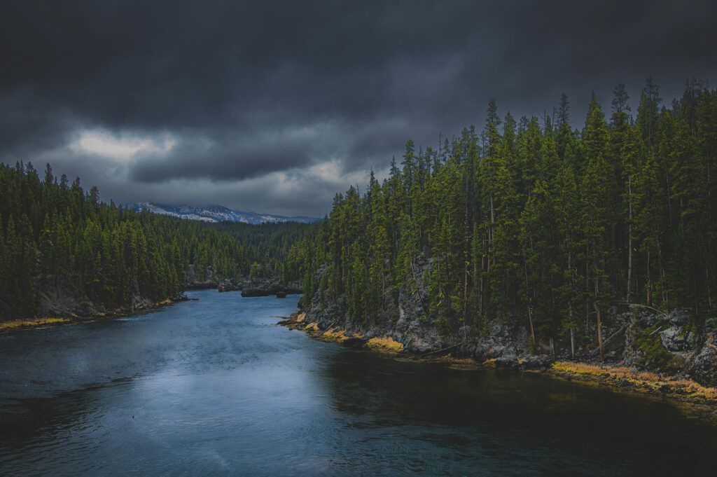 Yellowstone River with dramatic clouds. Green trees line the banks.